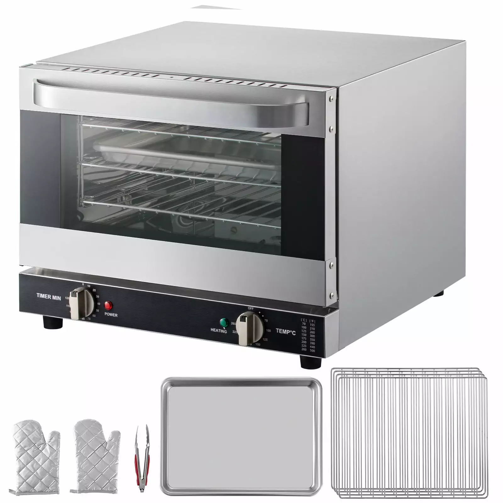 Commercial Convection Oven. 21L/19Qt. Quarter-Size Conventional Oven Countertop. 1440W 3-Tier Toaster w/ Front Glass Door. Electric Baking Oven w/ Trays Wire Racks Clip Gloves. 120V. ETL Listed