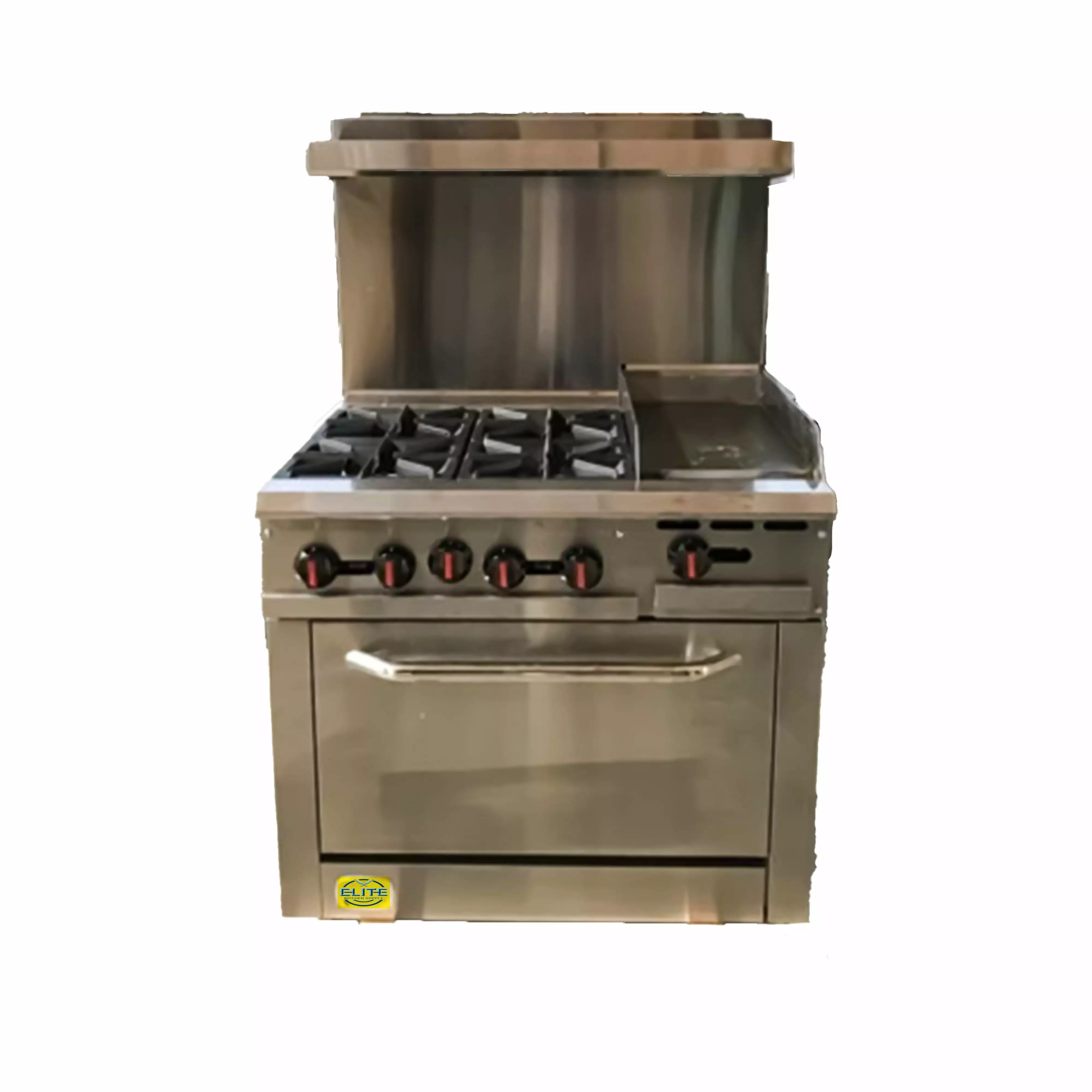 Commercial Range Oven 36'' Width. 4Burners 12'' Griddle. 171.000 BTU Natural Gas and Propane. NSF/ETL Certified