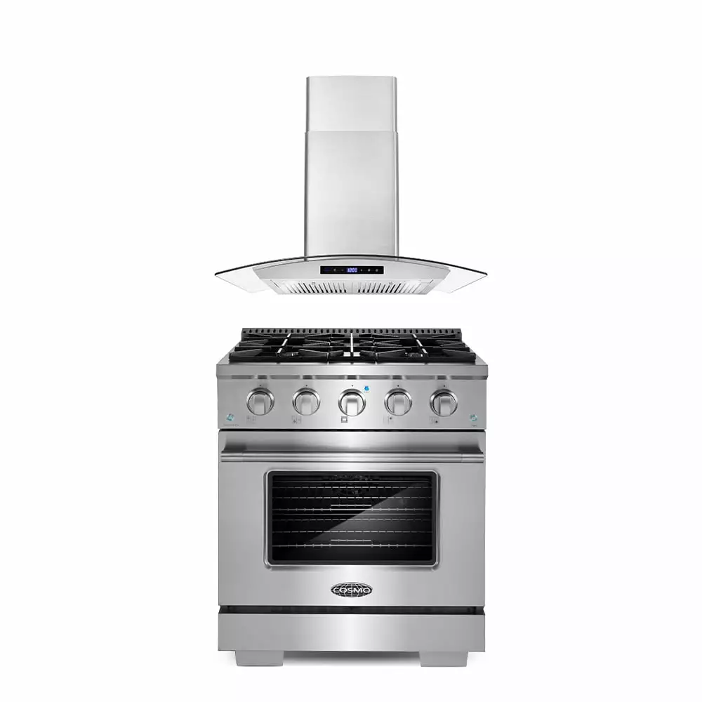 Cosmo 2 Piece Kitchen Appliance Package with 30 Freestanding Gas Range Kitchen Stove & 30 Wall Mount Range Hood Kitchen Hood Kitchen Appliance Bundles