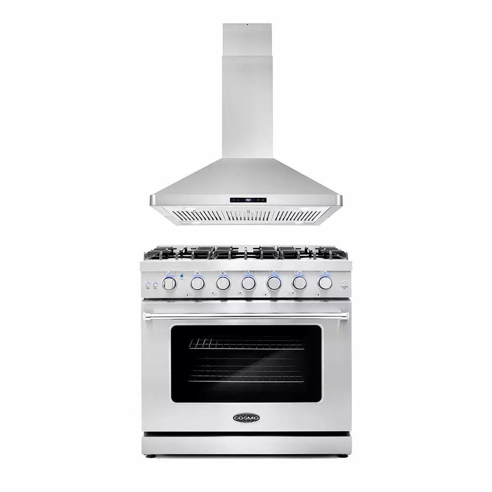 Cosmo 2 Piece Kitchen Appliance Package with 36 Freestanding Gas Range Kitchen Stove & 36 Island Range Hood Kitchen Hood Kitchen Appliance Bundles