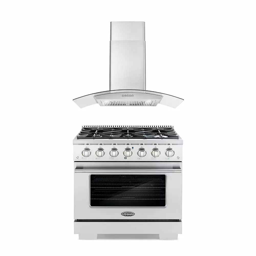 Cosmo 2 Piece Kitchen Appliance Packages with 36 Freestanding Gas Range Kitchen Stove & 36 Wall Mount Range Hood Kitchen Hood Kitchen Appliance Bundles