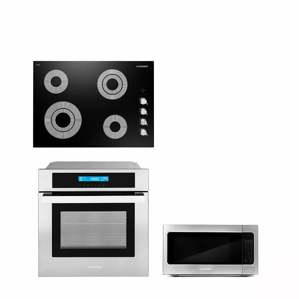 Cosmo 3 Piece Kitchen Appliance Package With 30 Electric Cooktop 24.4 Built-in Countertop Microwave 24 Single Electric Wall Oven Kitchen Appliance Bundles