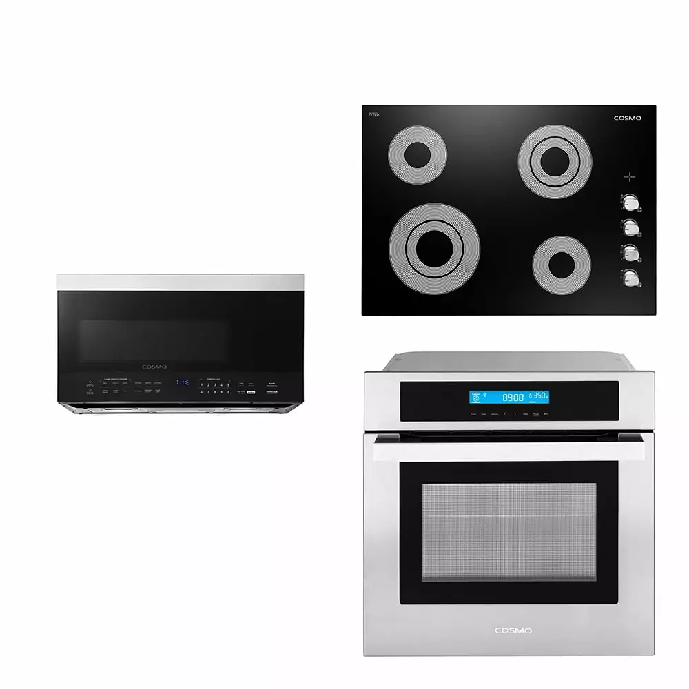 Cosmo 3 Piece Kitchen Appliance Package With 30 Electric Cooktop 30 Over The Range Microwave 24 Single Electric Wall Oven Kitchen Appliance Bundles