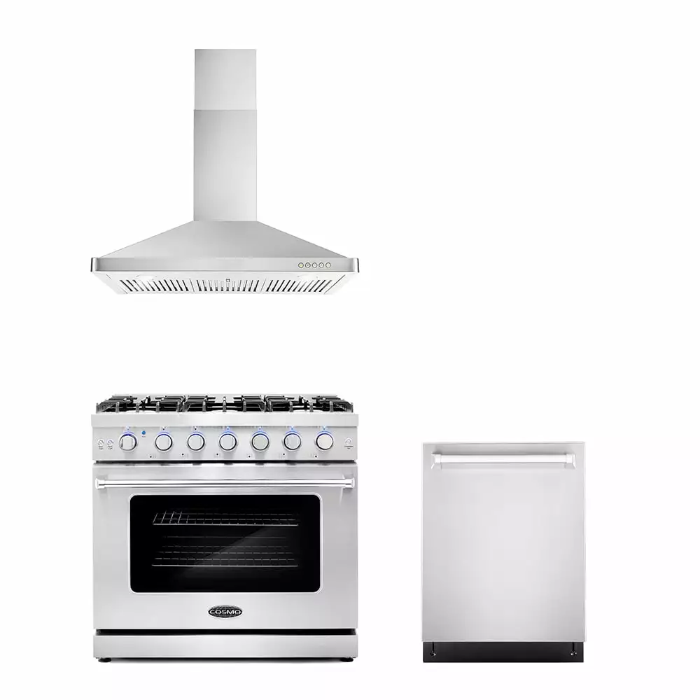 Cosmo 3 Piece Kitchen Appliance Packages with 36 Freestanding Gas Range Kitchen Stove 36 Wall Mount Range Hood & 24 Built-in Fully Integrated Dishwasher Kitchen Appliance Bundles