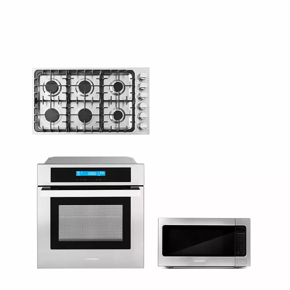 Cosmo 3 Piece Kitchen Package With 36 Gas Cooktop 24.4 Built-In Countertop Microwave 24 Single Electric Wall Oven