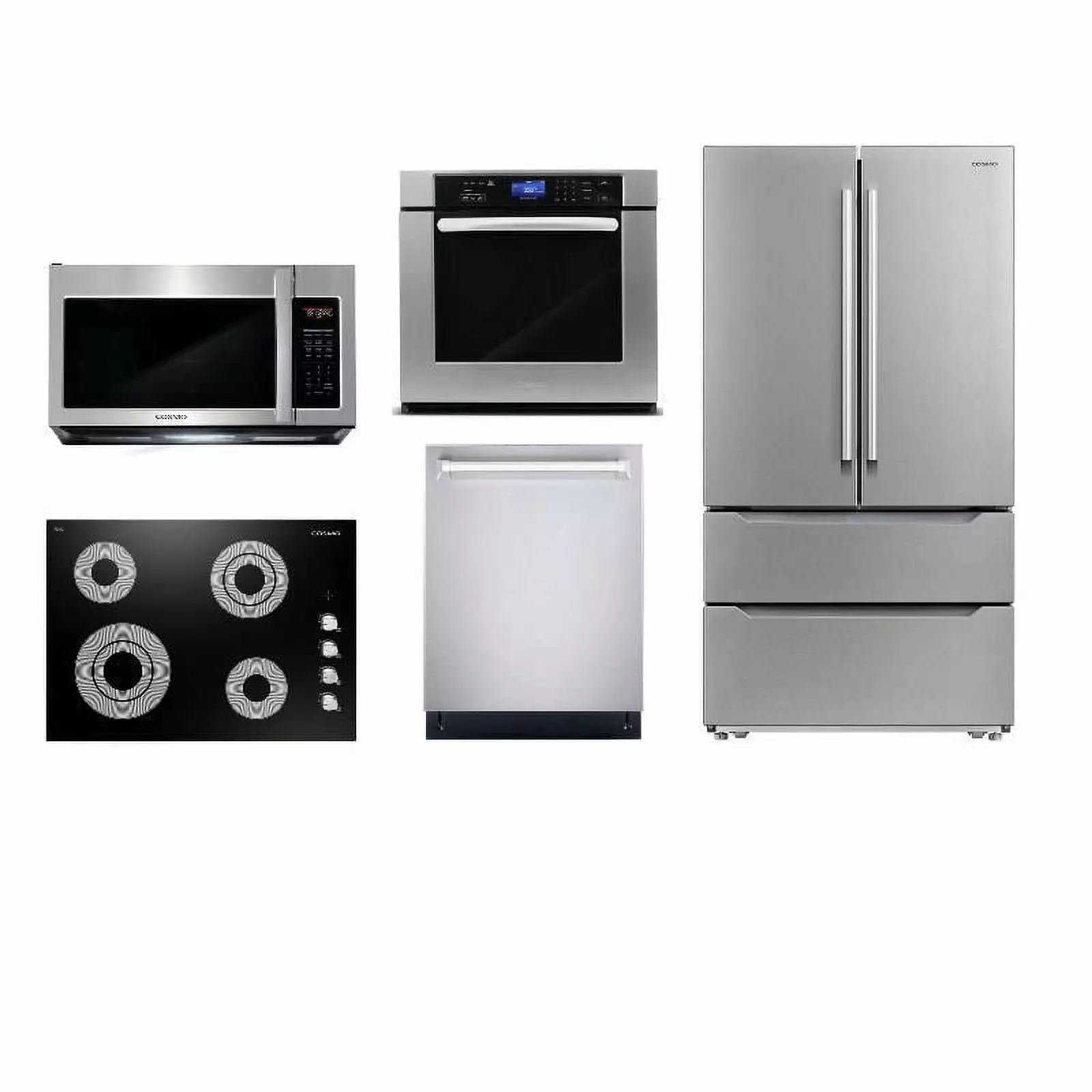 Cosmo 30 Cooktop & Microwave w/ Vent Fan & Wall Oven & Dishwasher & Fridge Set