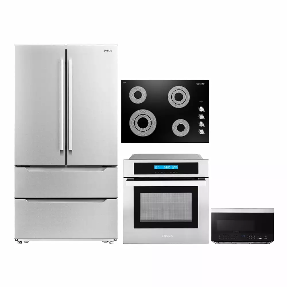 Cosmo 4 Piece Kitchen Appliance Package 30 Electric Cooktop 24 Single Electric Wall Oven 30 Over-The-Range Microwave & French Door Refrigerator Kitchen Appliance Bundles