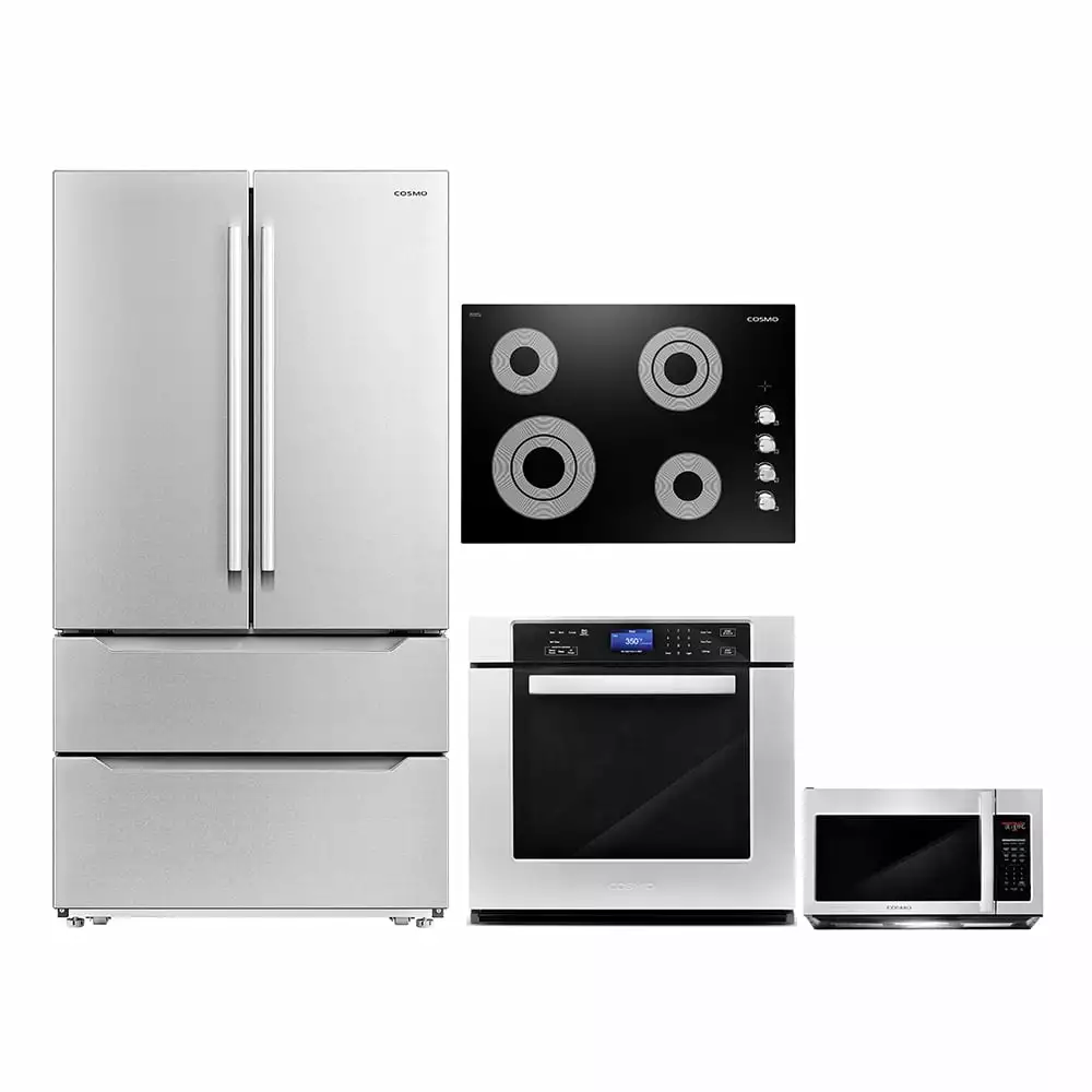 Cosmo 4 Piece Kitchen Appliance Package 30 Electric Cooktop 30 Single Electric Wall Oven 30 Over-The-Range Microwave & French Door Refrigerator Kitchen Appliance Bundles