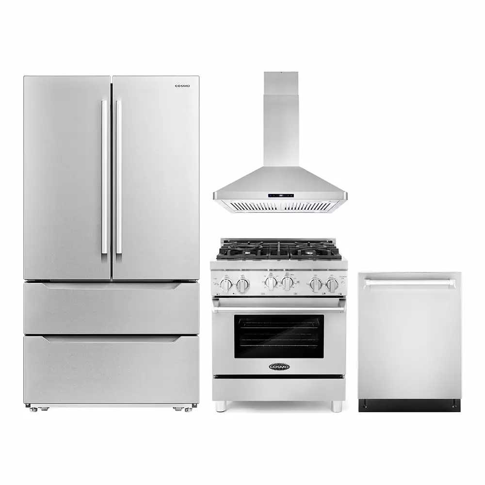 Cosmo 4 Piece Kitchen Appliance Package with 30 Freestanding Gas Range 30 Island Range Hood 24 Built-in Integrated Dishwasher & French Door Refrigerator Kitchen Appliance Bundles