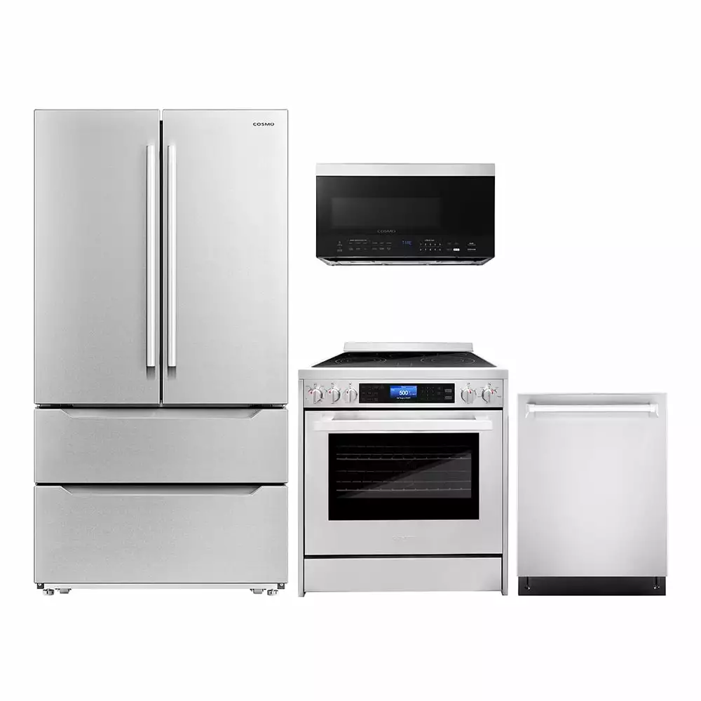 Cosmo 4 Piece Kitchen Appliance Package with 30 Over the Range Microwave 30 Freestanding Electric Range 24 Built-in Integrated Dishwasher & French Door Refrigerator Kitchen Appliance Bundles