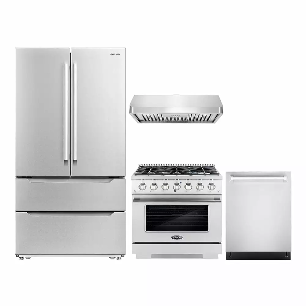 Cosmo 4 Piece Kitchen Appliance Package with 36 Freestanding Gas Range 36 Under Cabinet Range Hood 24 Built-in Integrated Dishwasher & French Door Refrigerator Kitchen Appliance Bundles