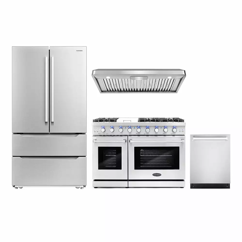 Cosmo 4 Piece Kitchen Appliance Package with 48 Freestanding Gas Range 48 Under Cabinet Range Hood 24 Built-in Dishwasher & 48 Bottle Freestanding Wine Refrigerator Kitchen Appliance Bundles