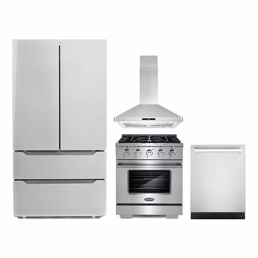 Cosmo 4 Piece Kitchen Appliance Packages with 30 Freestanding Gas Range 30 Island Range Hood 24 Built-in Integrated Dishwasher & French Door Refrigerator Kitchen Appliance Bundles