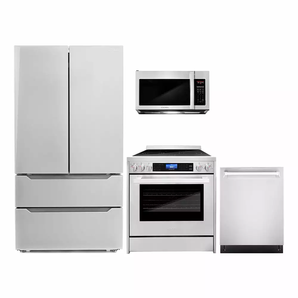 Cosmo 4 Piece Kitchen Appliance Packages with 30 Over The Range Microwave 30 Freestanding Electric Range 24 Built-in Integrated Dishwasher & French Door Refrigerator Kitchen Appliance Bundles