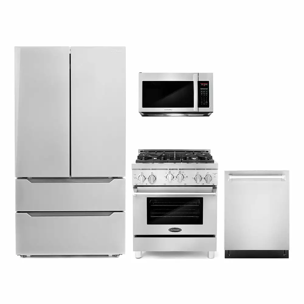 Cosmo 4 Piece Kitchen Appliance Packages with 30 Over The Range Microwave 30 Freestanding Gas Range 24 Built-in Integrated Dishwasher & French Door Refrigerator Kitchen Appliance Bundles