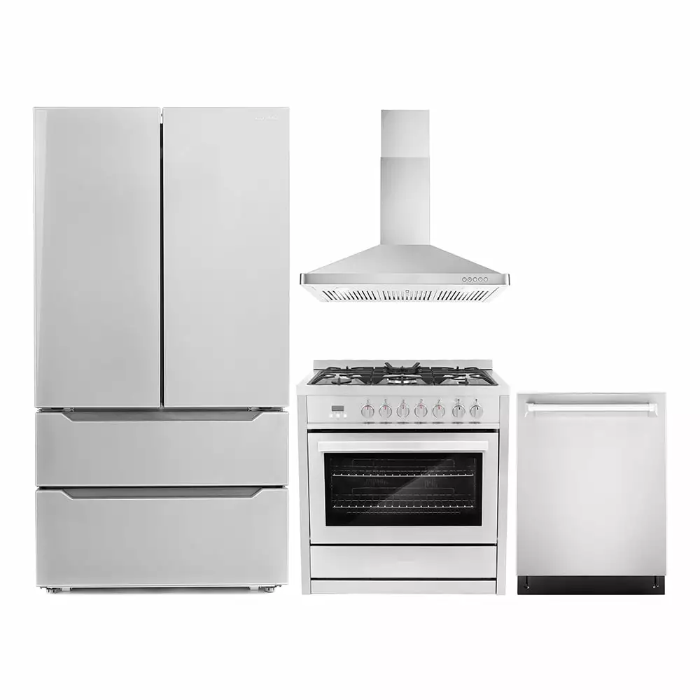 Cosmo 4 Piece Kitchen Appliance Packages with 36 Freestanding 220/240V Dual Fuel Range 36 Wall Mount Range Hood 24 Built-in Dishwasher & French Door Refrigerator Kitchen Appliance Bundles