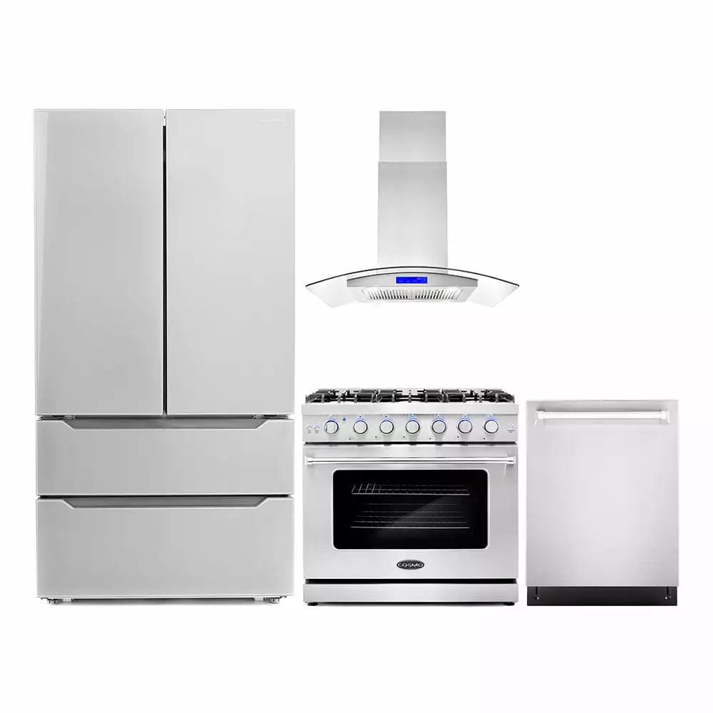 Cosmo 4 Piece Kitchen Appliance Packages with 36 Freestanding Gas Range 36 Island Mount Range Hood 24 Built-in Integrated Dishwasher & French Door Refrigerator Kitchen Appliance Bundles