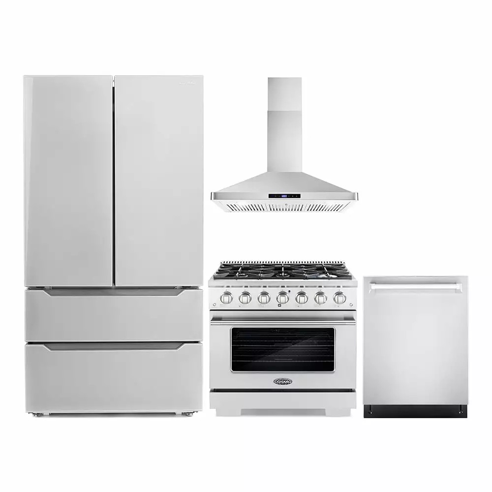 Cosmo 4 Piece Kitchen Appliance Packages with 36 Freestanding Gas Range 36 Wall Mount Range Hood 24 Built-in Integrated Dishwasher & French Door Refrigerator Kitchen Appliance Bundles