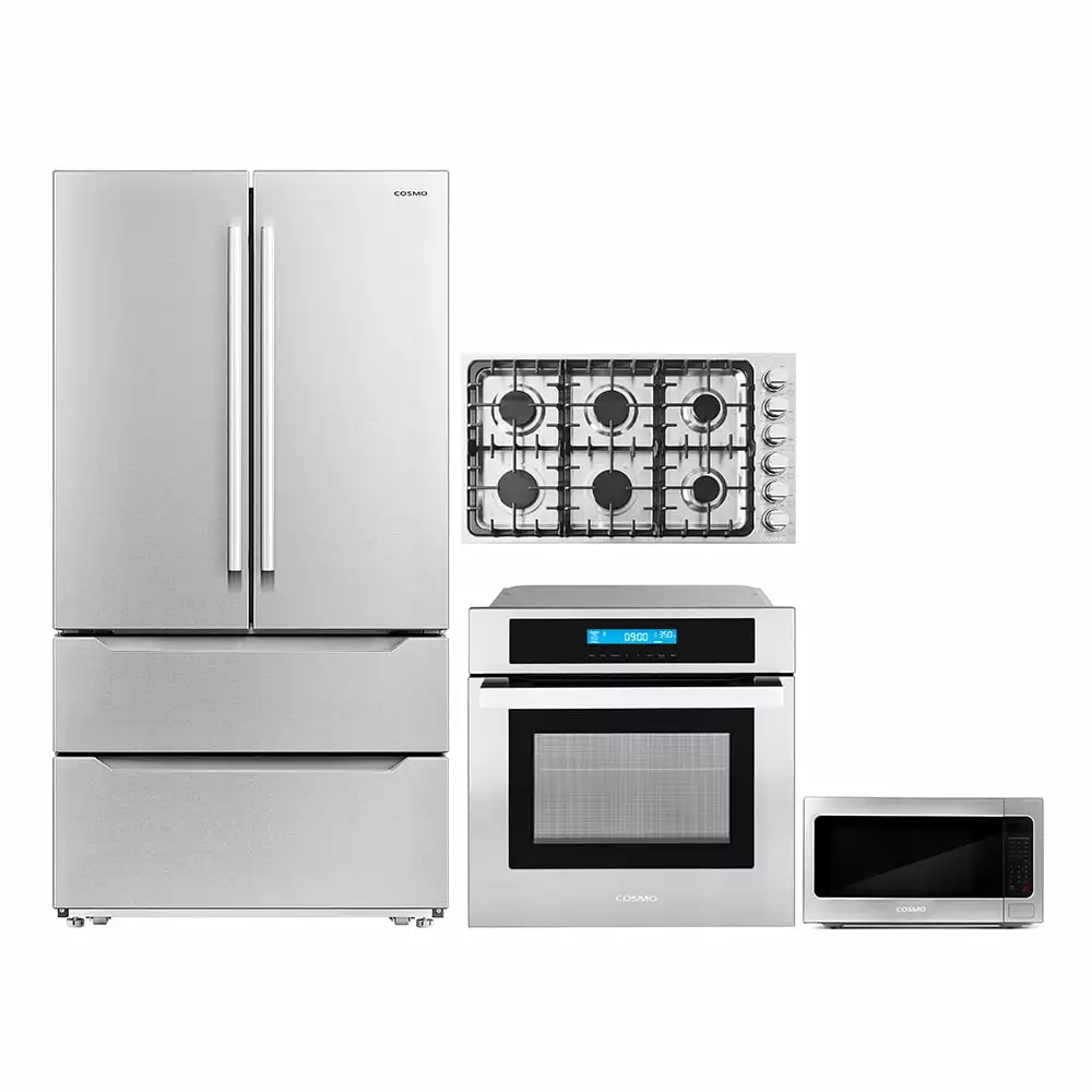 Cosmo 4 Piece Kitchen Package 36 Gas Cooktop 24 Single Electric Wall Oven 24.4 Countertop Microwave & Energy Star French Door Refrigerator