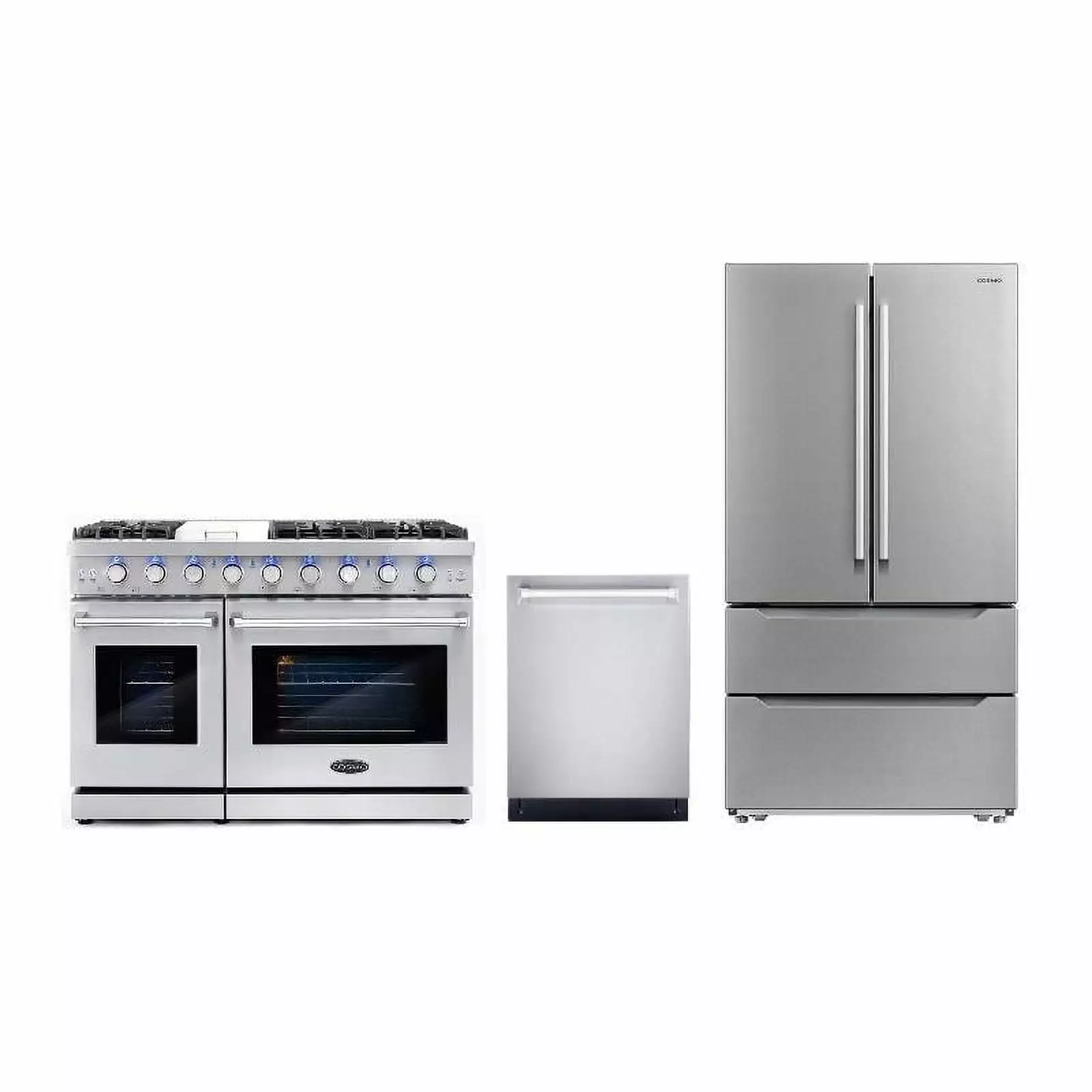 Cosmo 48 Double Oven Gas Range & Dishwasher & French Door Refrigerator Set