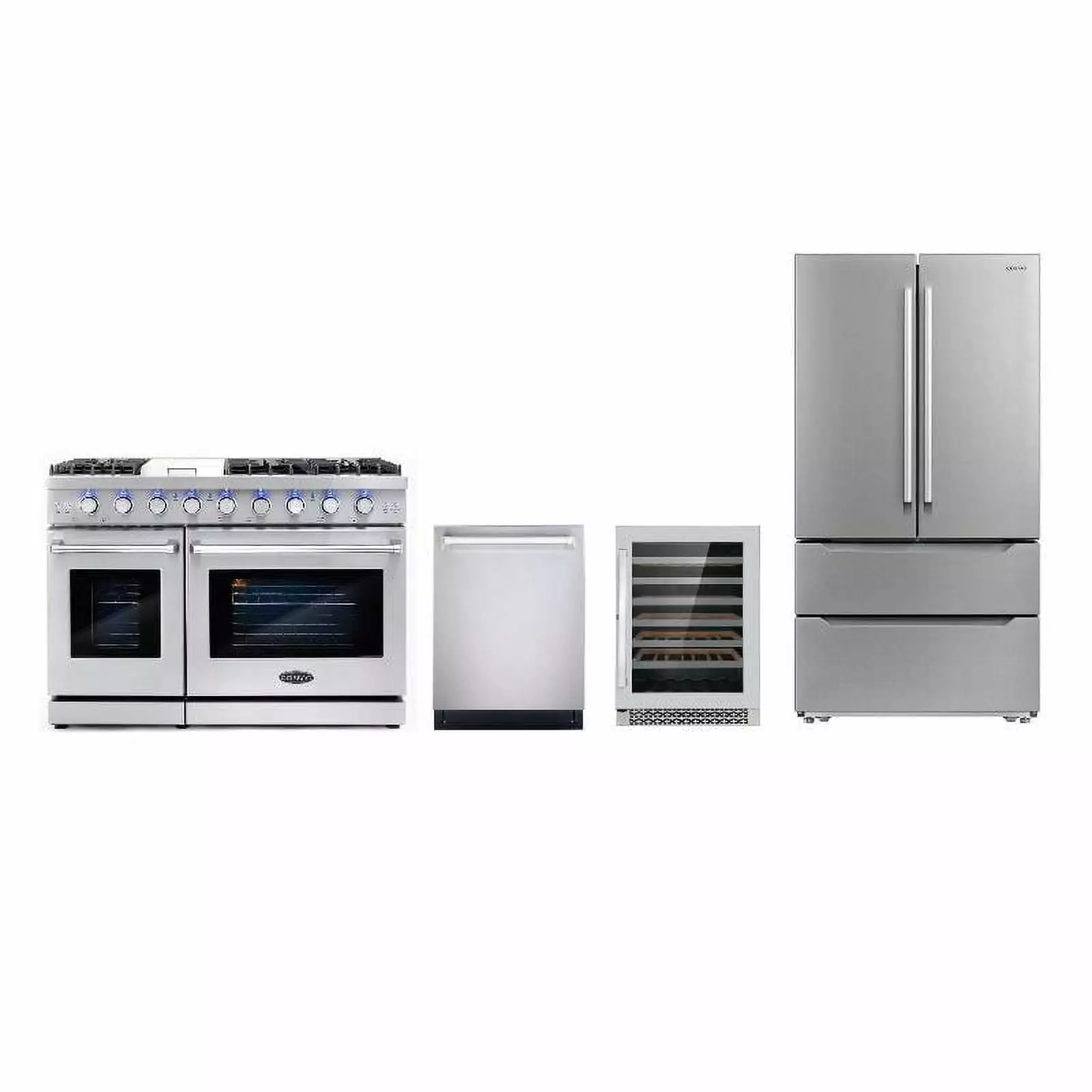 Cosmo 48 in. Double Oven Gas Range & Dishwasher & Wine Cooler & Refrigerator Set