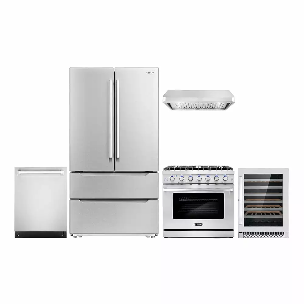 Cosmo 5 Piece Kitchen Appliance Package with 36 Freestanding Gas Range 36 Under Cabinet 24 Built-in Fully Integrated Dishwasher French Door Refrigerator & 48 Bottle Wine Refrigerator