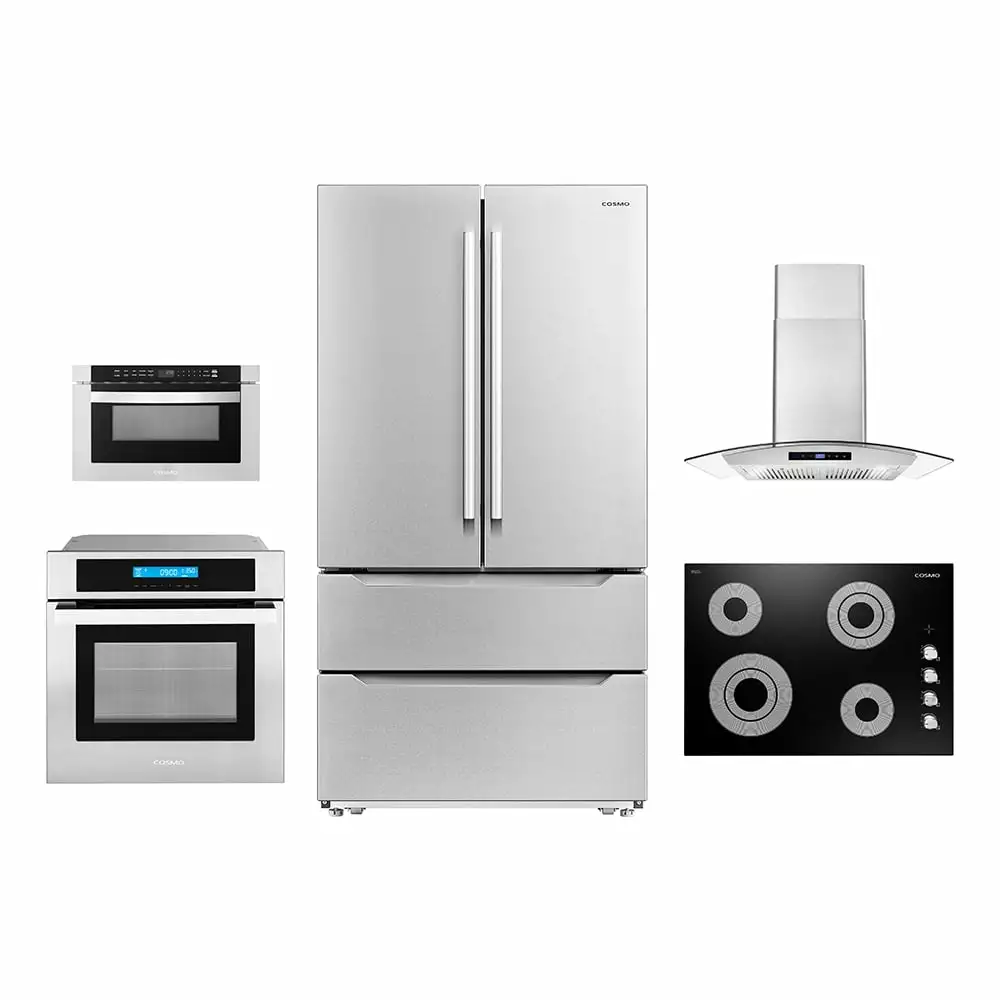 Cosmo 5 Piece Kitchen Appliance Package With 30 Electric Cooktop 30 Wall Mount Range Hood 24 Single Electric Wall Oven 24.4 Built-in Microwave & French Door Refrigerator