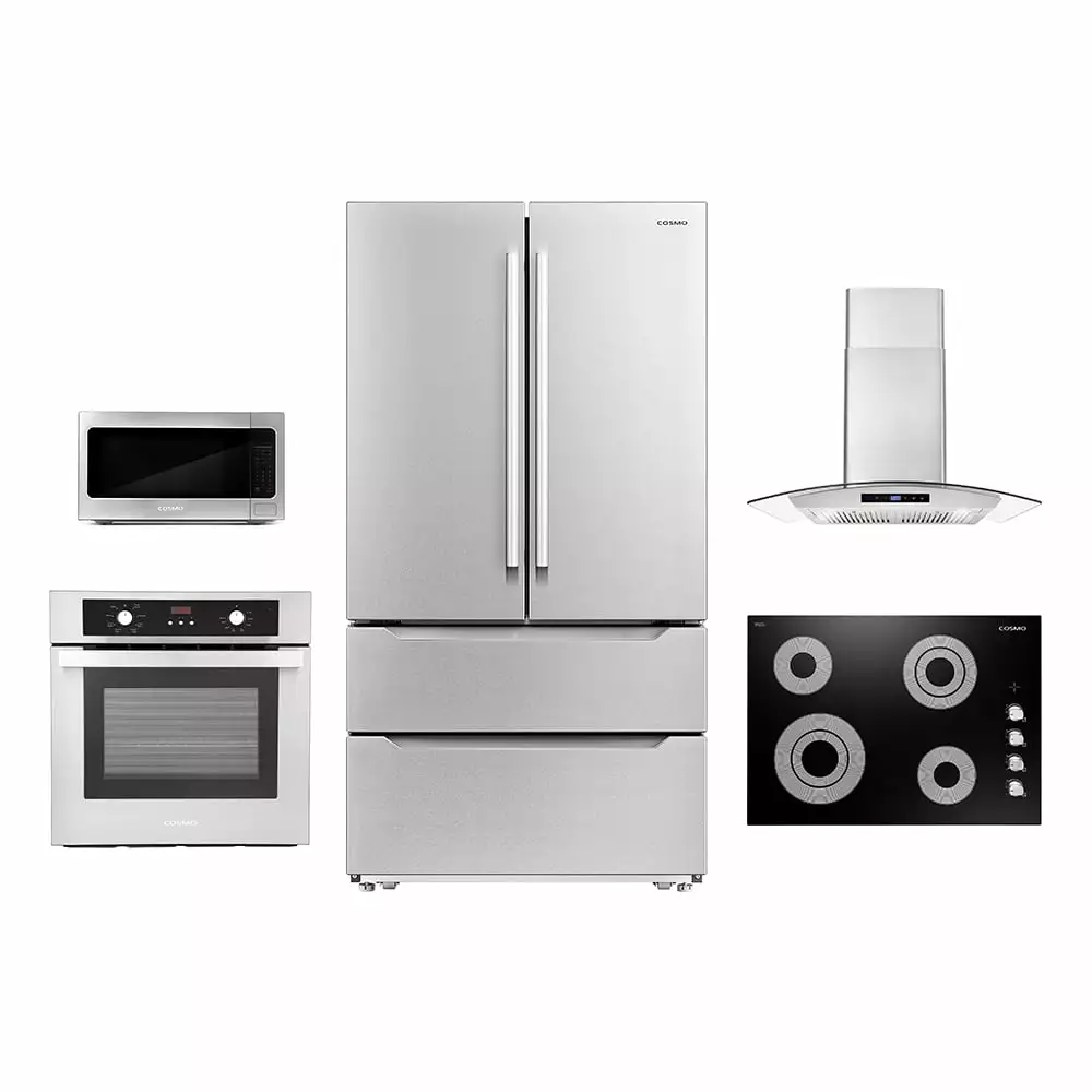 Cosmo 5 Piece Kitchen Appliance Package With 30 Electric Cooktop 30 Wall Mount Range Hood 24 Single Electric Wall Oven 24.4 Countertop Microwave & French Door Refrigerator