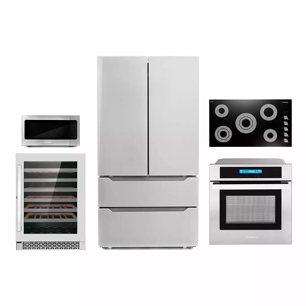 Cosmo 5 Piece Kitchen Appliance Package With 30 Electric Cooktop 30 Wall Mount Range Hood 24 Single Electric Wall Oven 24.4 Countertop Microwave & French Door Refrigerator