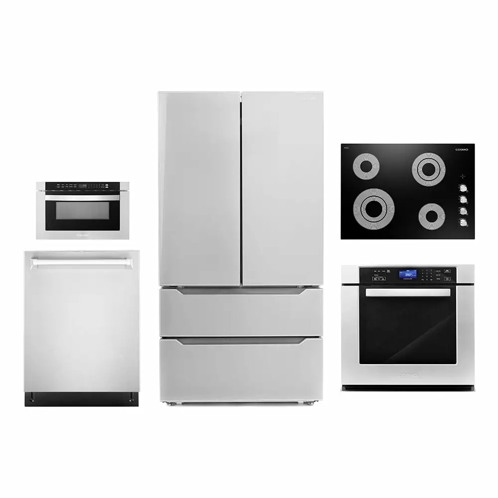 Cosmo 5 Piece Kitchen Appliance Package With 36 Electric Cooktop 24 Built-in Fully Integrated Dishwasher 30 Single Electric Wall Oven 30 Over-the-range Microwave & French Door Refrigerator