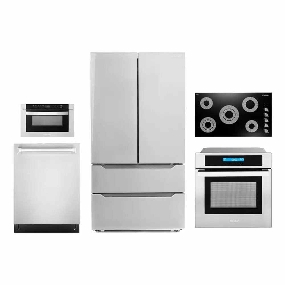 Cosmo 5 Piece Kitchen Appliance Package With 36 Electric Cooktop 24 Built-in Fully Integrated Dishwasher 24 Single Electric Wall Oven 24 Built-In Microwave Drawer & French Door Refrigerator