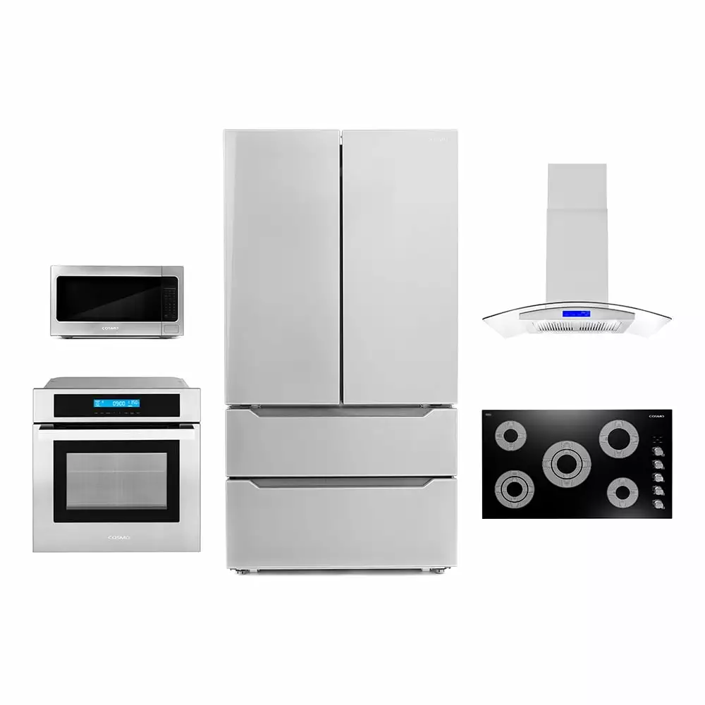 Cosmo 5 Piece Kitchen Appliance Package With 36 Electric Cooktop 36 Island Range Hood 30 Single Electric Wall Oven 17.3 Countertop Microwave & French Door Refrigerator