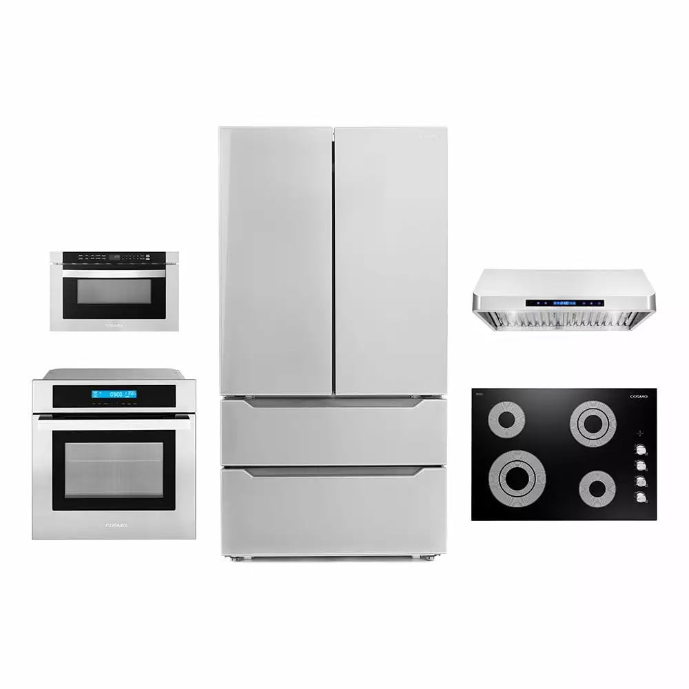 Cosmo 5 Piece Kitchen Appliance Package With 36 Electric Cooktop 36 Under Cabinet Range Hood 24 Single Electric Wall Oven 17.3 Built-in Microwave & French Door Refrigerator