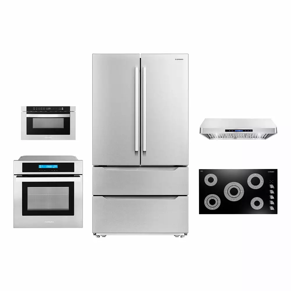 Cosmo 5 Piece Kitchen Appliance Package With 36 Electric Cooktop 36 Under Cabinet Range Hood 30 Single Electric Wall Oven 24.4 Built-In Microwave & French Door Refrigerator