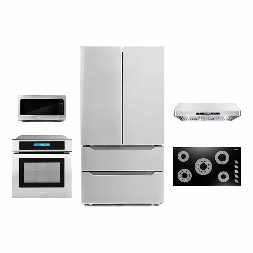 Cosmo 5 Piece Kitchen Appliance Package With 36 Electric Cooktop 36 Under Cabinet Range Hood 30 Single Electric Wall Oven 24.4 Countertop Microwave & French Door Refrigerator