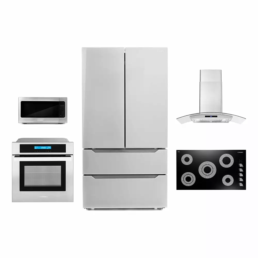 Cosmo 5 Piece Kitchen Appliance Package With 36 Electric Cooktop 36 Wall Mount Range Hood 30 Single Electric Wall Oven 30 Over-the-range Microwave & French Door Refrigerator