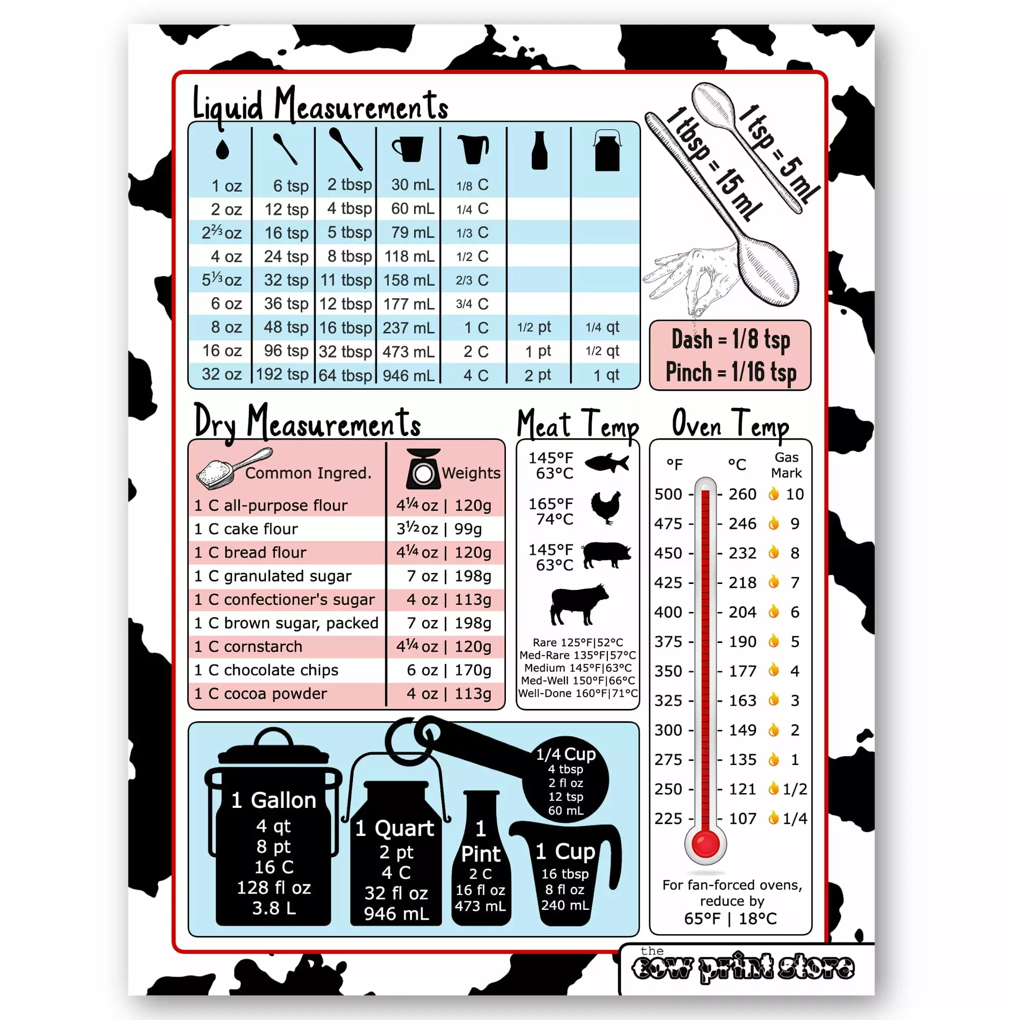 Cow Print Kitchen Conversion Chart Magnet - Imperial & Metric to Standard Conversion Chart Magnet - Cooking Measurements for Food - Measuring Weight. Liquid. Temperature - Recipe Baking Cookbook