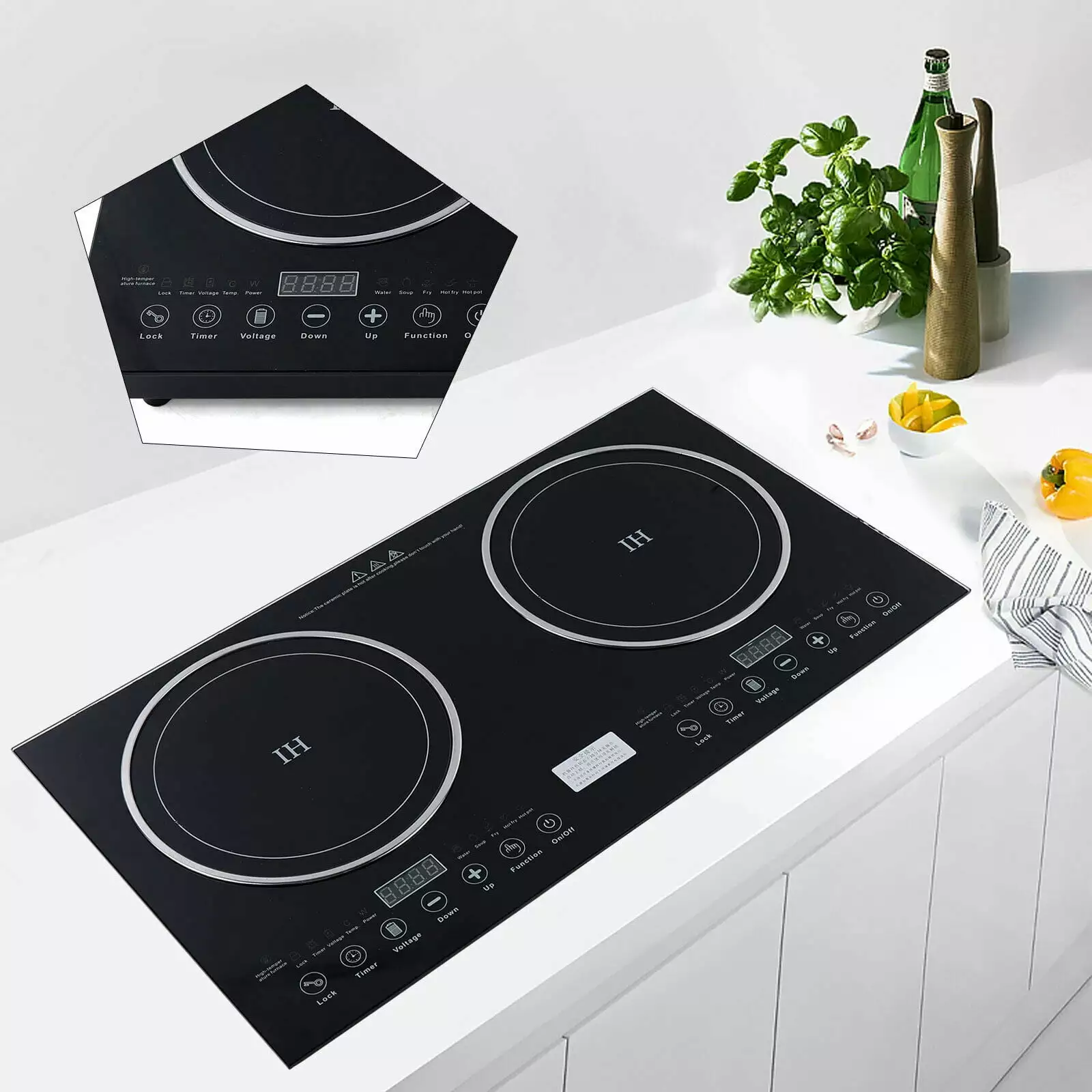 DENEST Electric Ceramic Cooktop Built-In/Integrated 2 Burners Touch Keys Crystal Panel