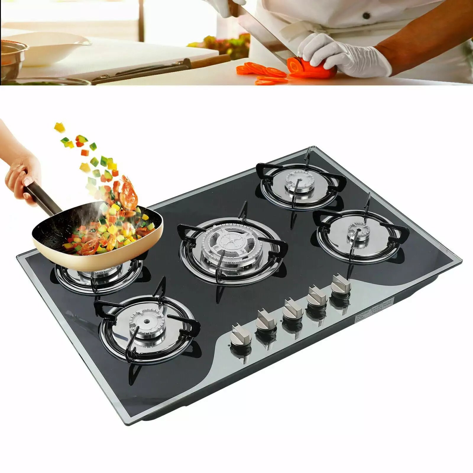 DENEST Gas Cooktop 30 5-Burners Stove Built-in Cooker Cooktop Stove LPG/NG Gas Tempered Glass Black