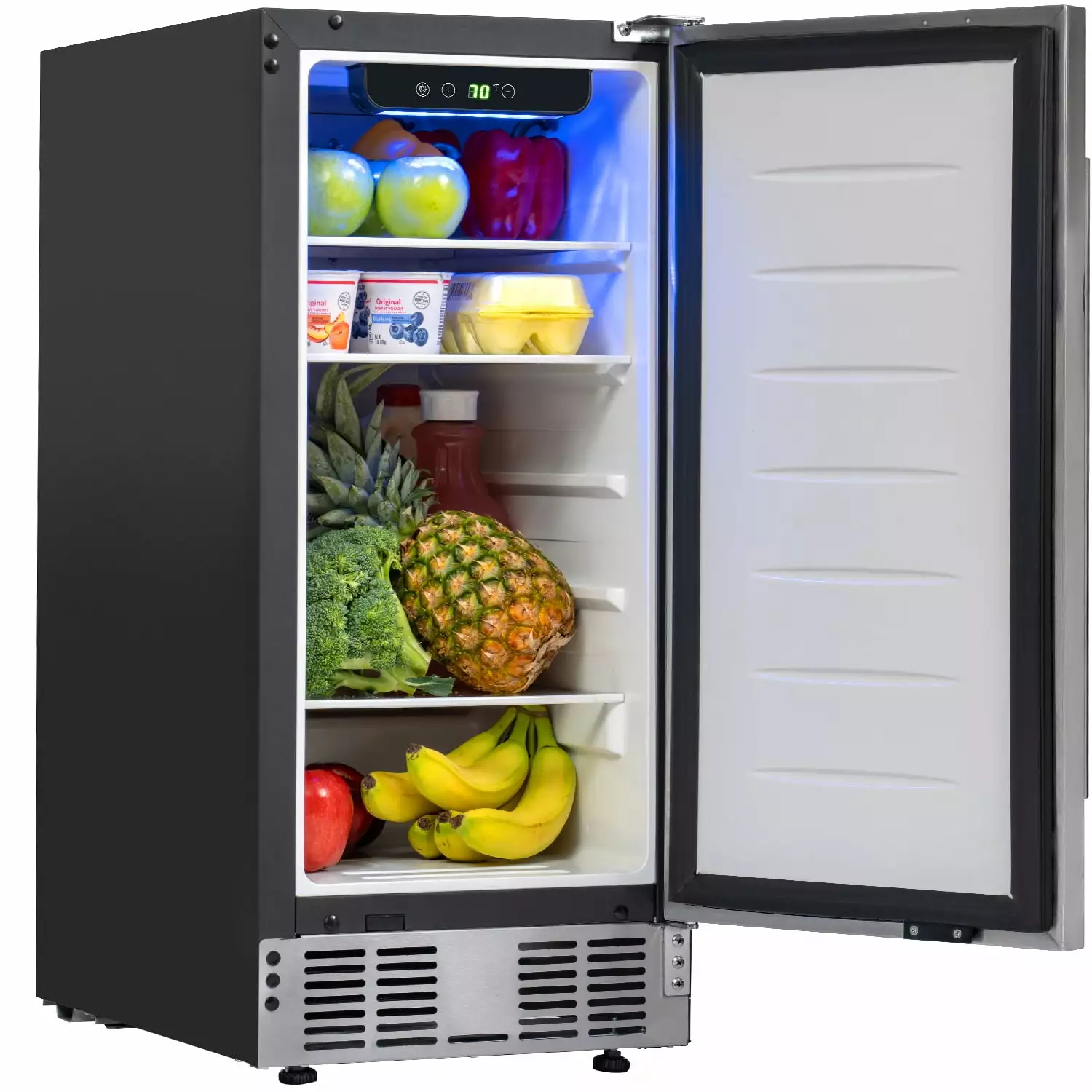 Deco Chef 15-Inch Under Counter Mini Fridge. Stainless Steel Finish. Adjustable Digital Thermostat. 32??F to 50??F. Refrigerator for Food. Snacks. Sodas. Beer. Wine