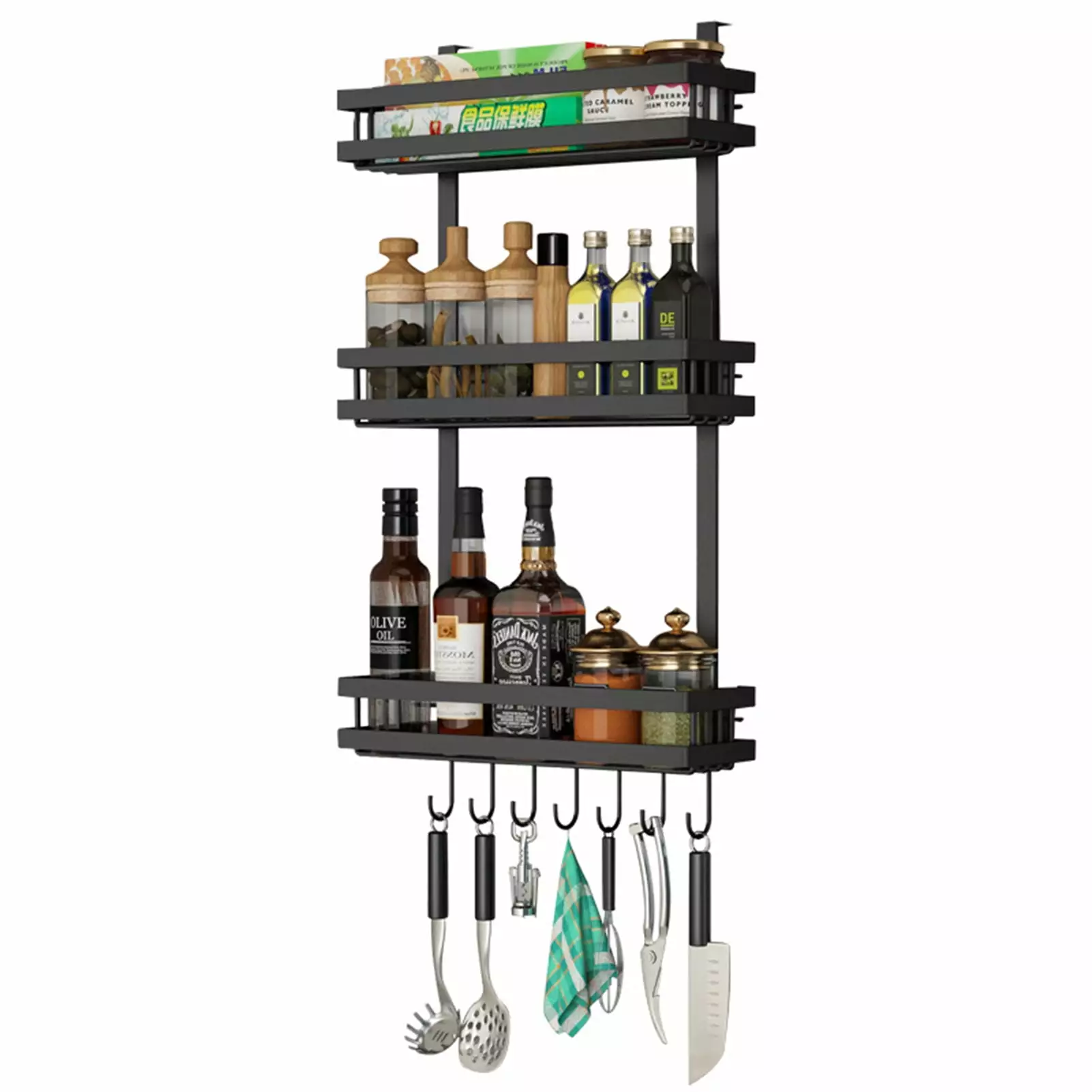 Delaman Refrigerator Spice Storage Rack 3 Tier Fridge Side Shelf Hanging Organizer Spice Shelf with 7 Hooks for Kitchen Wall Mount Strongly Magnetic