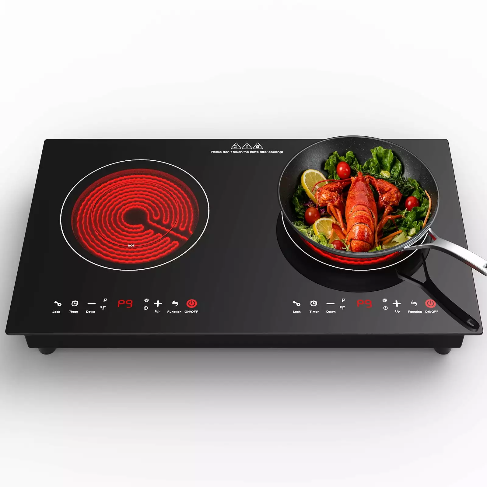 Double Electric Cooktop. 120V 2400W 24 Inch Built-in Electric Stove Ceramic Cooktop with LED Touch Screen. 9 Levels Settings. Kids Lock. Overheat Protection