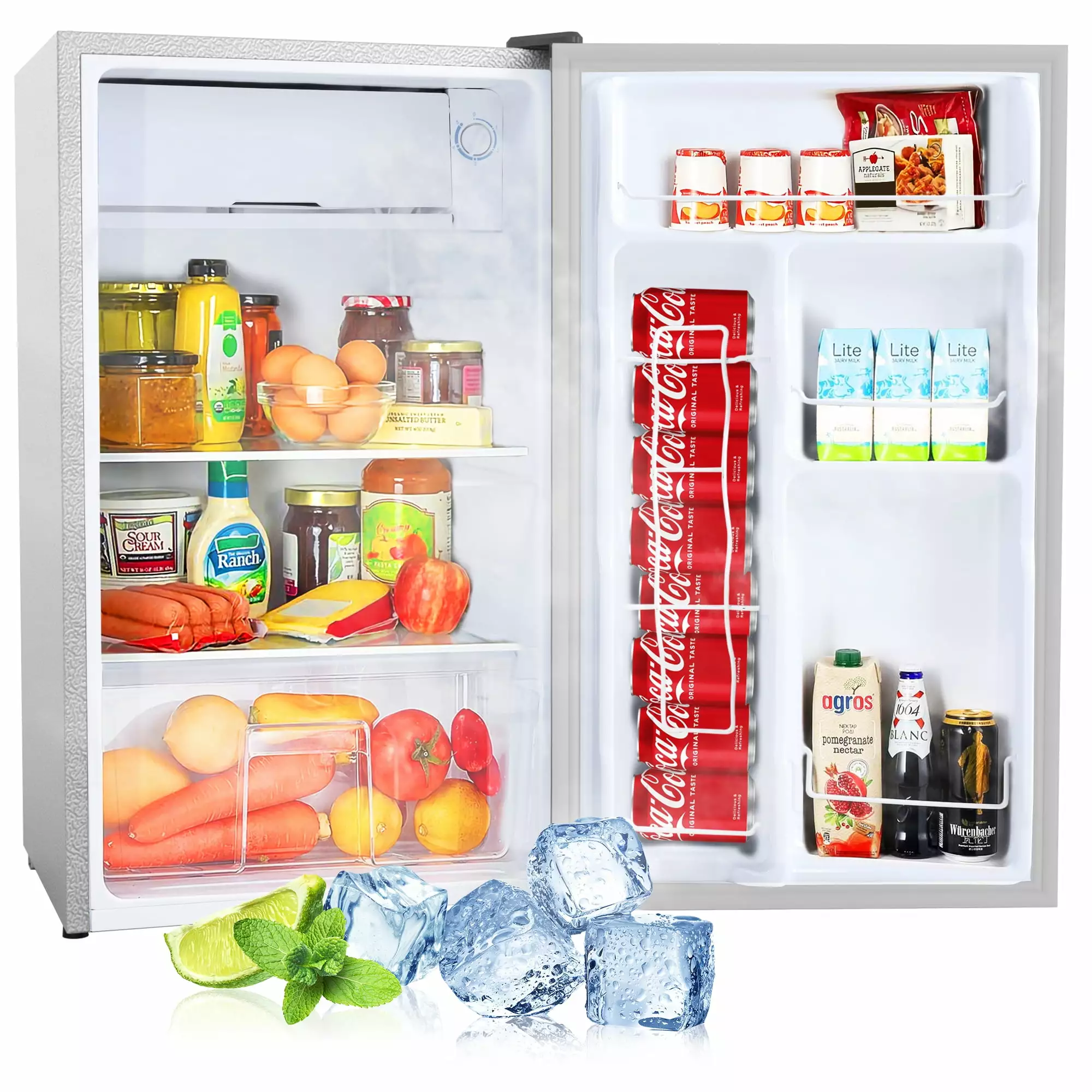 DreamBuck Compact Refrigerator with Freezer. 3.2 Cu.ft Mini Fridge with Reversible Door. 5 Settings Temperature Adjustable for Kitchen. Bedroom. Dorm. Apartment. Bar. Office. RV. Silver