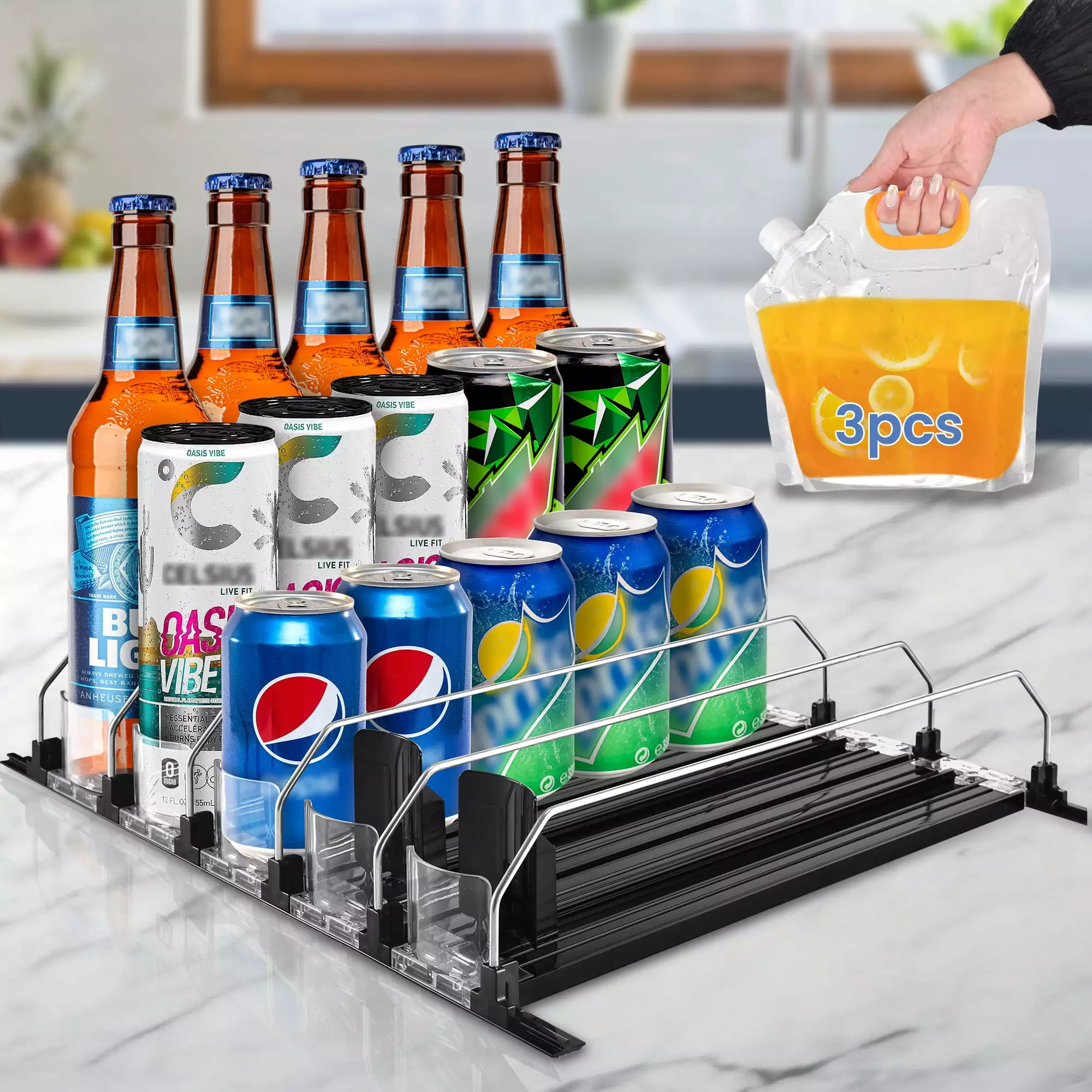 Drink Dispenser for Fridge. Automatic Beverage Pusher Glide for Refrigerator Convenience Stores.Can Beverage Shelf Organizer for Supermarket Home Fridge Pantry. 5 Row(Black)