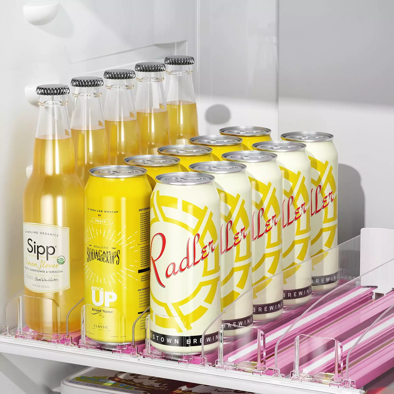 Drink Organizer for Fridge. LAMU 5 Rows Self-Sliding Drink Pusher Adjustable Width Soda Can Organizer for Fridge. Pink