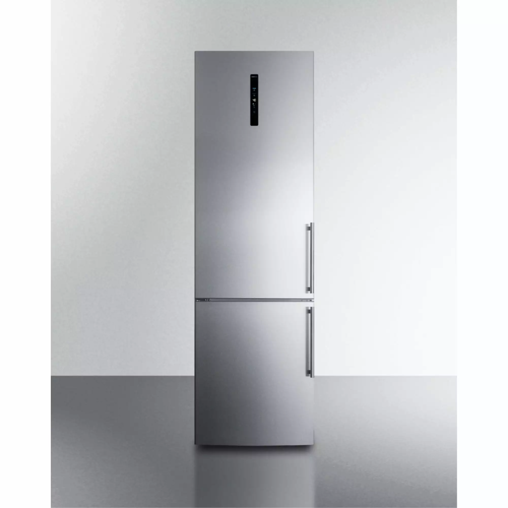 ENERGY STAR certified European counter depth bottom freezer refrigerator with stainless steel doors. platinum cabinet. and digital controls for each section; left hand door swing