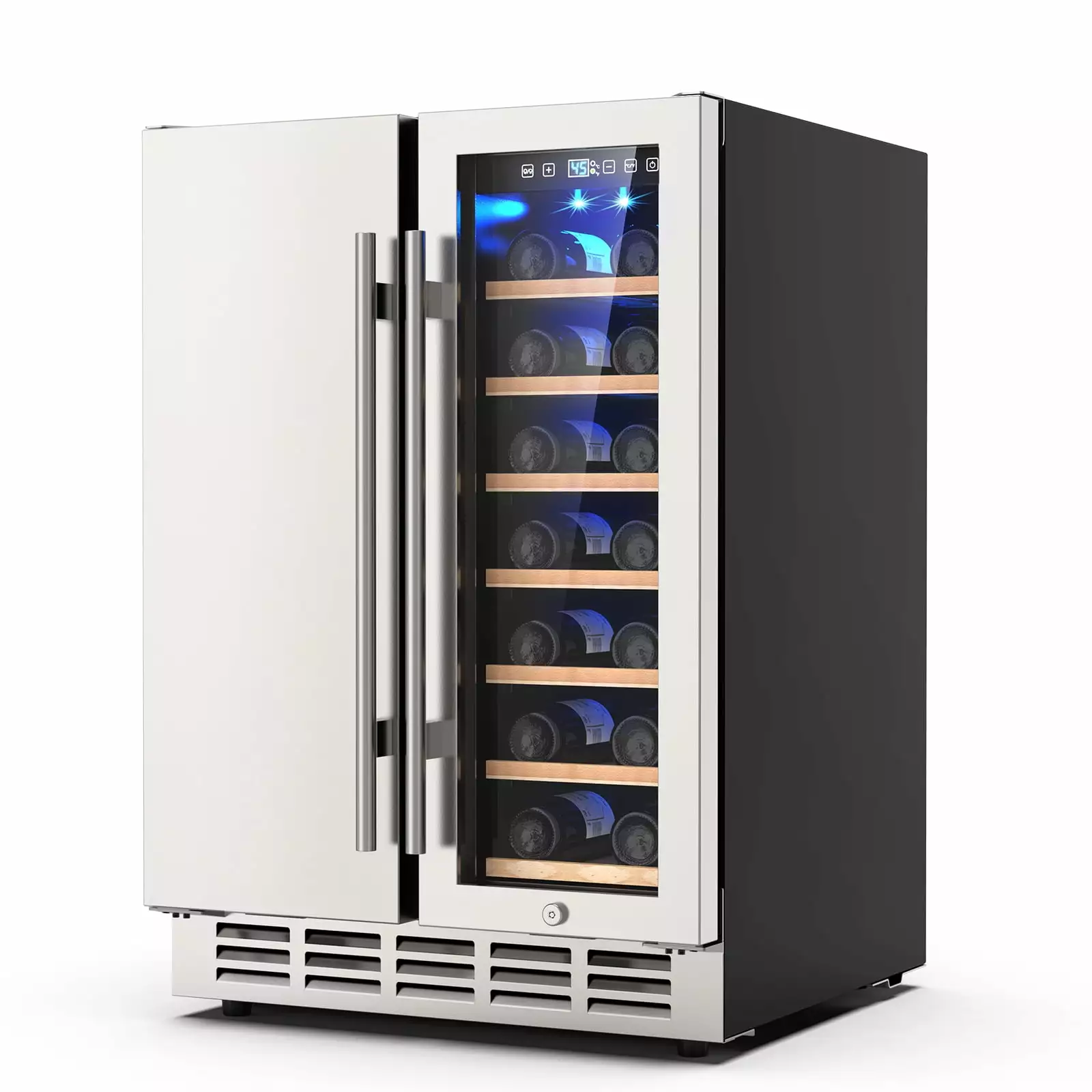 Ecojoy Beverage Refrigerator and Wine Cooler Refrigerator. Dual Zone 24 inch Built-in Refrigerator Standing Fridge with Safety Locks for 20 Bottles and 57 Cans