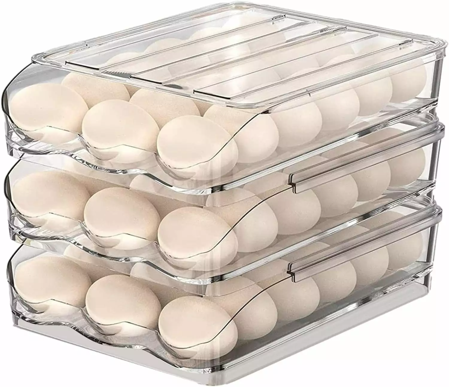 Egg Holder for Fridge. Automatic Rolling Egg Container for Refrigerator. Stackable Fridge Organizers and Storage with Lid. Clear Plastic Egg Dispenser & Tray