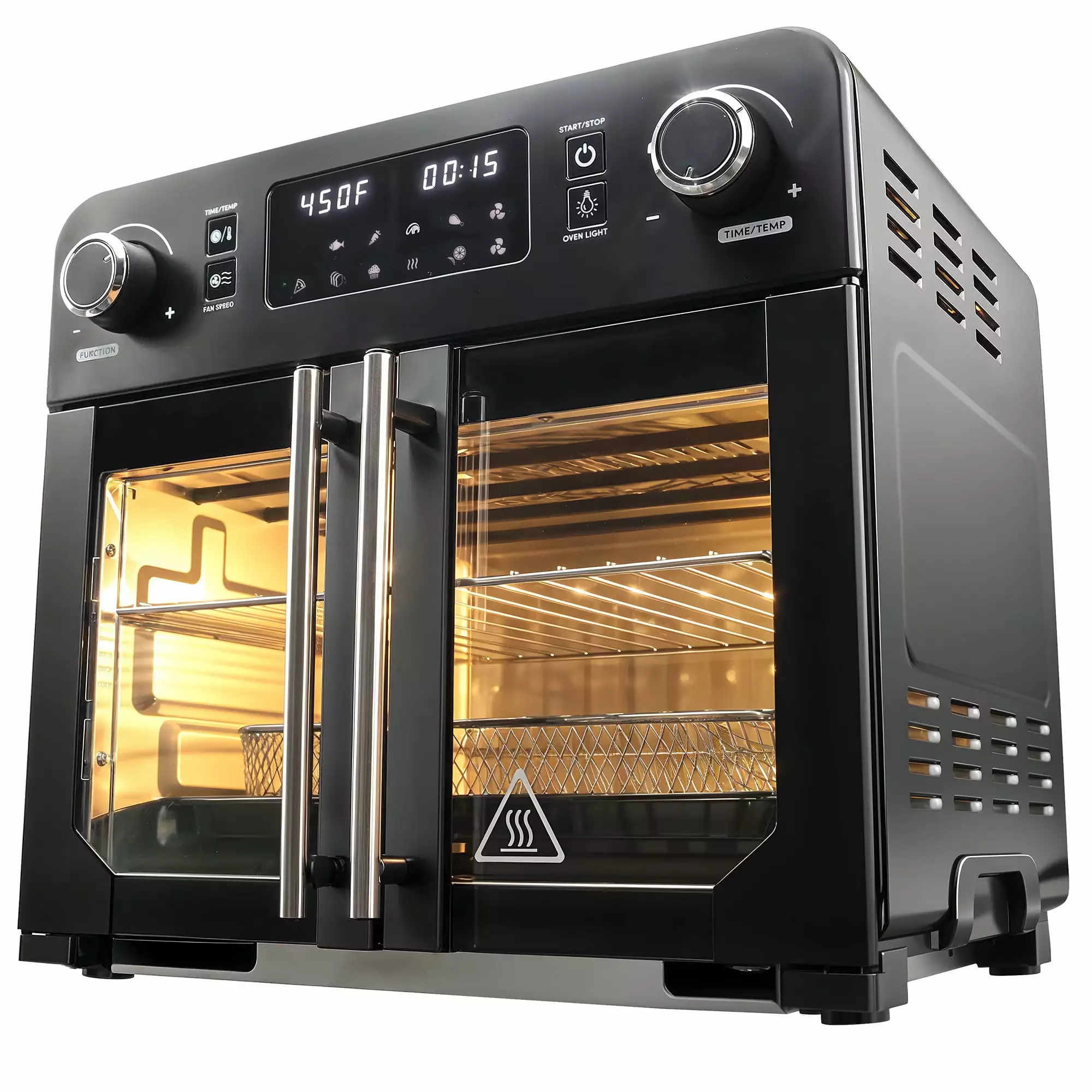 Elite Gourmet Programmable 23L French Door Air Fryer Oven with 10 Menu Functions. and Interior Light. Black