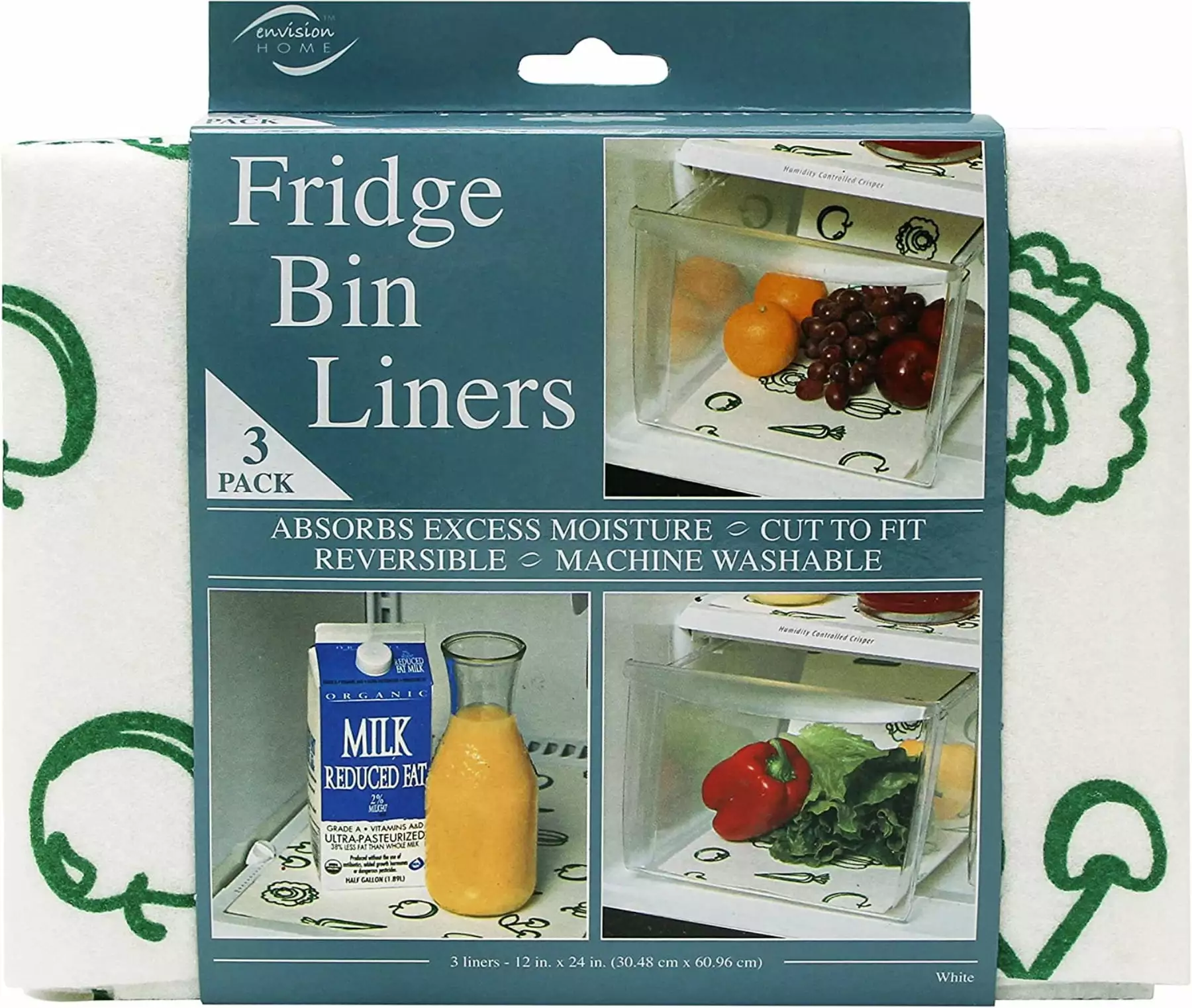 Envision Home 3-Pack Fridge Bin Liners. 12 Inches x 24 Inches